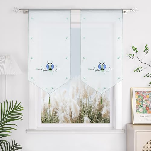 Yujiao Mao Brise-bise 1 pièce Transparent à Passer sur Tringle Blanc Court Rideau Motif brodé Chouette Bleu LxH 40x90cm
