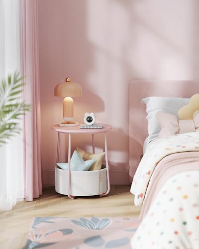 Image of VASAGLE LILEA Collection - Small Round Side End Table, Modern Nightstand with Fabric Basket, for Living Room, Bedroom, Set of 2, Jelly Pink and Cream White ULET225SA01S