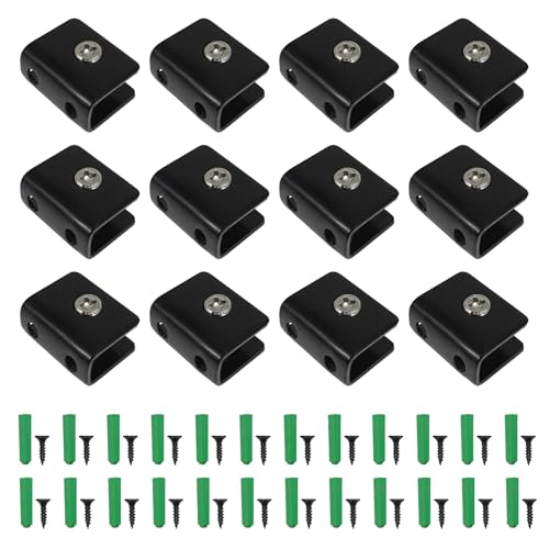 12 Pièces Pince de Support de Verre, Support Étagère Verre en Acier Inoxydable 201 Noir Fixation Réglable avec Vis et Tube d'Expansion (Noir,...