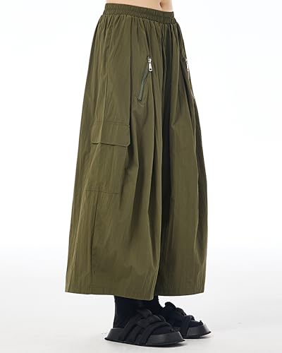 ellazhu Women's Pants Elastic Waist Solid Color Zipper Two Side Pockets Wide Leg Baggy GE194