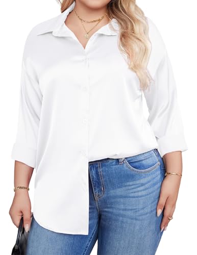 IN'VOLAND Womens Plus Size Satin Blouse Button Down Shirts Casual V Neck Long Sleeve Office Work Tops White
