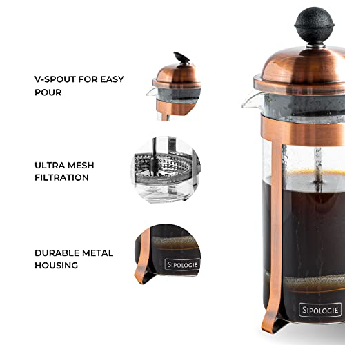 Image of Sipologie Vintage French Press Coffee Maker 350ml, 4-Level Filtration System for Sediment-Free Coffee, Heat-Resistant Durable Borosilicate Glass, Copper