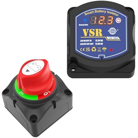 Bundle of 12V 140amp Dual Battery Isolator (VSR, Smart, for Multiple Vehicles) & 12V Heavy Duty Battery Disconnect Switch for Marine, RV Cover