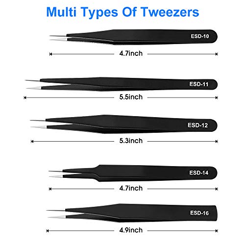 10 PCS Precision Tweezers Set, Stainless Steel ESD Anti-Static Tweezers Kit for Electronics Soldering, Jewelry-Making, Laboratory & Crafts - Includes Storage Bag