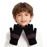 RONGXG 子供用ストライプニットグローブ 暖かい冬用マジックグローブ 子供用伸縮性サーマルフルフィンガーミトン 5~8歳 男の子 女の子, ブラック, One Size
