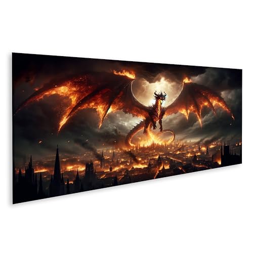 islandburner Tableau mural avec motif dragon sur la ville - Fantastique - Motif dragon de feu - Impression sur toile
