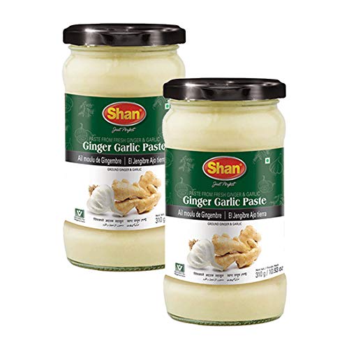 Shan Pasta de ajo de jengibre, 310 g, pasta de cocina tradicional que mejora el sabor de jengibre y ajo molido fresco, adecuado para vegetarianos, frasco de vidrio hermético (paquete de 2)