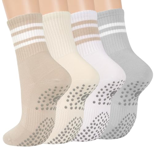 Grip Pilates Crew Socks for Women, Non Slip Yoga Socks with Grips for Barre Hospital Grippy Sticky Sock