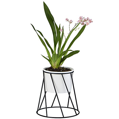 Planter Pot Indoor, Flowerplus 4.33 Inch White Ceramic Medium Succulent Cactus Flower Plant Round Bowl with Metal Stand Holder and Plants Sign for Indoors Outdoor Home Garden Kitchen Decor (Black)