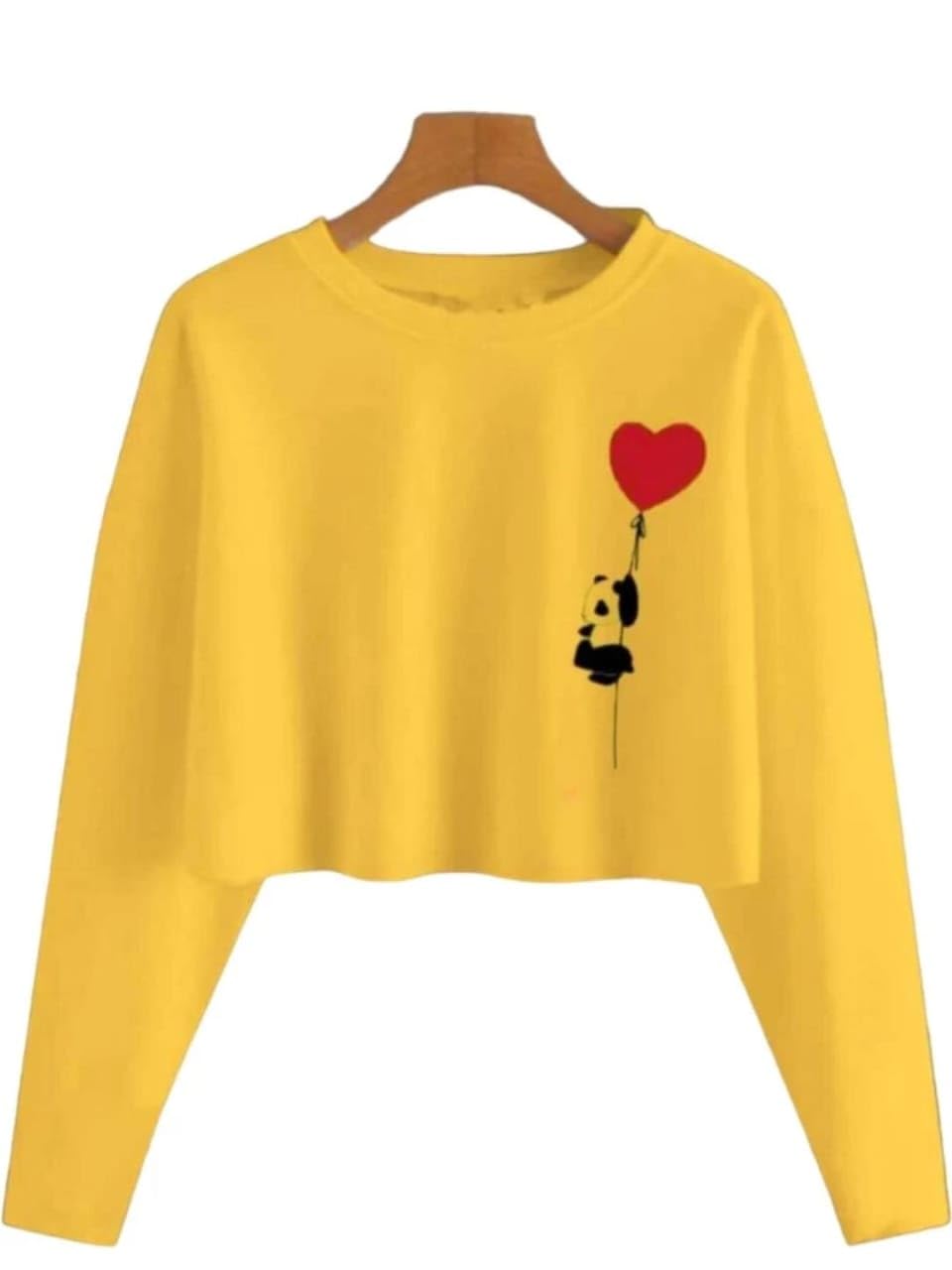 Women's Yellow Crop Sweatshirt with Panda Heart Balloon Print, Long Sleeve Casual Top-image-8