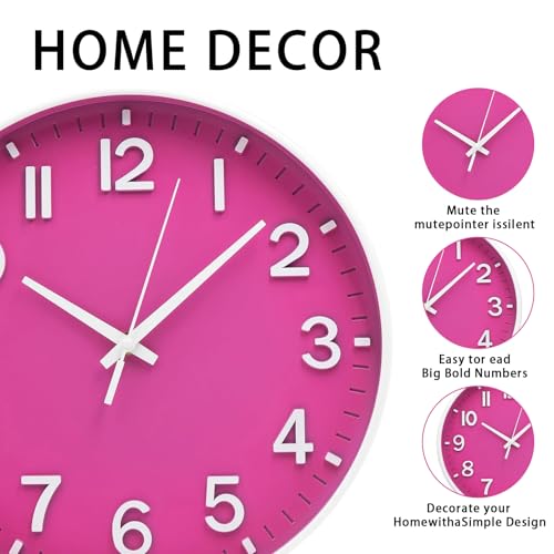 Image of HZDHCLH Wall Clocks Battery Operated 12 inch Silent Non Ticking Modern Wall Clock for Living Room Bedroom Kitchen Office Decor (Rose red)