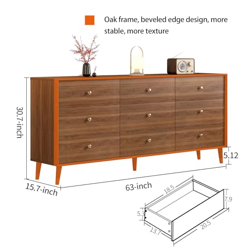 Image of Messenya 9 Drawer Dresser for Bedroom, 63 Inch Walnut Dresser for Closet, Mid Century Wood Chest of Drawers with Natural Texture & Pre-Embedded Slots for TV Stand, Living Room, Hallway, Office