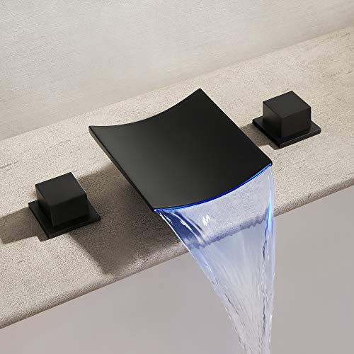 Waterfall Bathroom Faucet 3 Hole Widespread Sink Faucet Deck Mount Led Two Handle Vanity Faucet, Skowll Matte Black Finished #TOP2