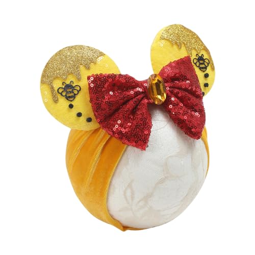 JIAHANG Baby Girl Mouse Ears Turban Headband with Bee, Yellow Sequin Bows Headwrap, Wide Hairband for Newborn Infant Toddler, Fashion Headwear Party Supplies