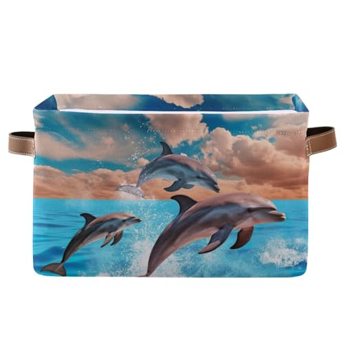 PaChyLuu Ocean Dolphins Jumping Storage Basket Bin Canvas Fabric Organizer Toys Basket with Handles for Home Office Nursery, Clothes, Gifts, 1 Pcs