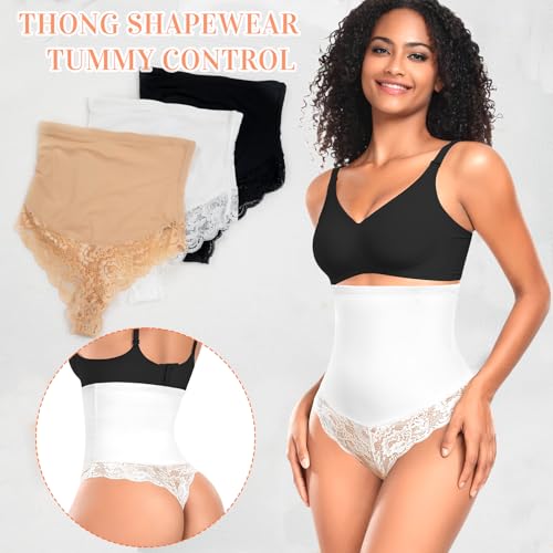 Image of Werena Tummy Control Thong Shapewear for Women Mid High Waisted Body Shaper Underwear Lace Shaping Thong Girdle Panties