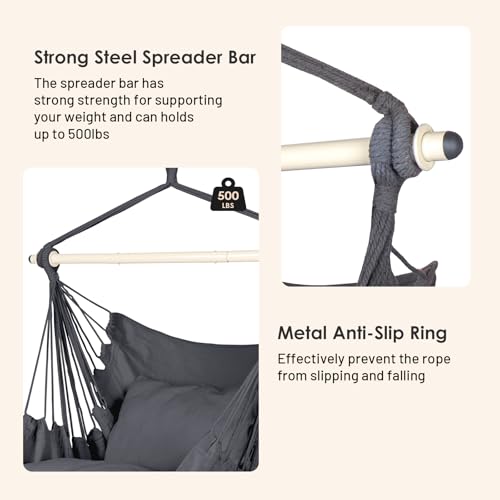 Image of Highwild Hammock Chair Hanging Rope Swing - Max 500 Lbs - 2 Cushions Included - Steel Spreader Bar with Anti-Slip Rings - for Any Indoor or Outdoor Spaces (Grey)
