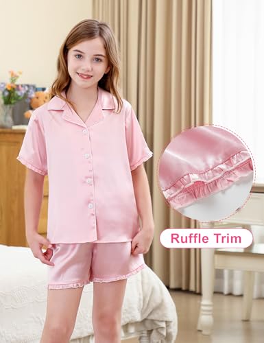 DIPUG Girls Pajamas Set Satin Short Sleeve Pjs with Ruffle Trim Soft Silky Sleepwear for Ages2