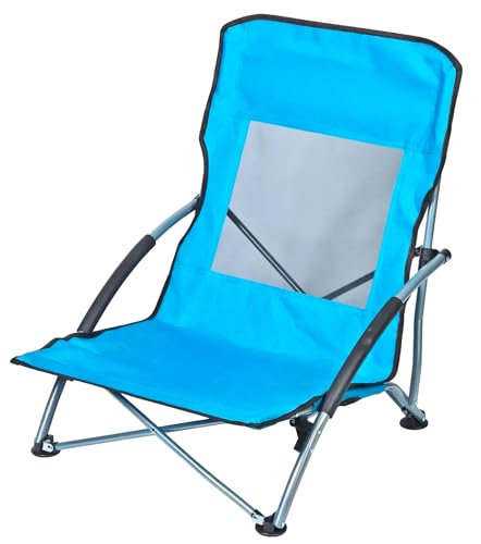 Low Folding Beach Chair – Lightweight Portable Beach Chair for Adults with Padded Arms & Mesh Back – Compact Collapsible Sun Lounger with Carry Bag – Ideal for Camping, Festivals & Outdoor Use – Blue