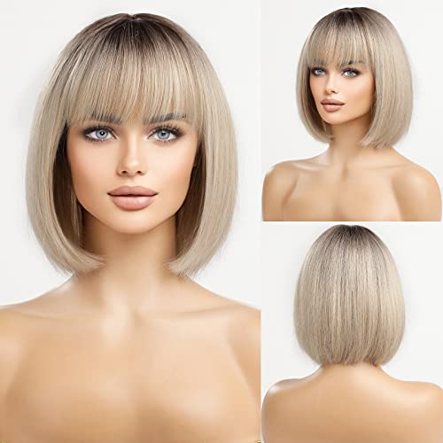 HAIRCUBE Long Straight Wigs for Women Synthetic Hair Wig with Neat Fringe for Daily Use or Cosplay (Bleach Blonde)