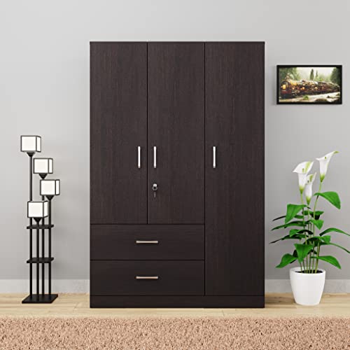 Image of VIKI Wardrobe | Wooden Almirah for Clothes,Door for Bedroom, 3 Door Wardrobe with Drawer & Hanging Space (Dark Wenge - 40D x 120W x 180H) | 1 Year Warranty | Free Assembly