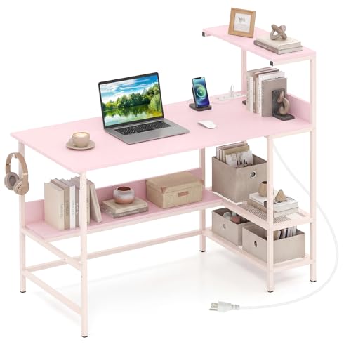 Image of Tangkula 48 inch Reversible Computer Desk with Bookshelves, Home Office Desk with Power Outlets, Hook and Storage Shelves, Writing Study Desk for Living Room, Study Room, Office (Pink)