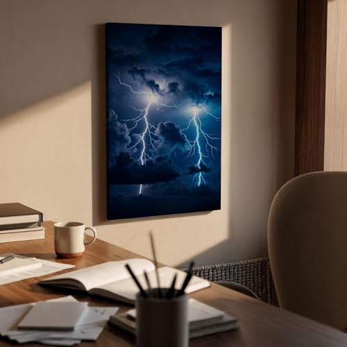 Décoration murale orage et ciel bleu grand tableau salon chambre 70x100 cm avec cadre