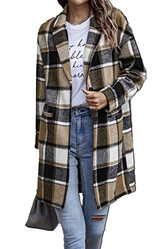 PRETTYGARDEN Women's 2024 Plaid Shacket Jacket Casual Button Wool Blend Winter Tartan Trench Coat With Pockets (Khaki,Small)