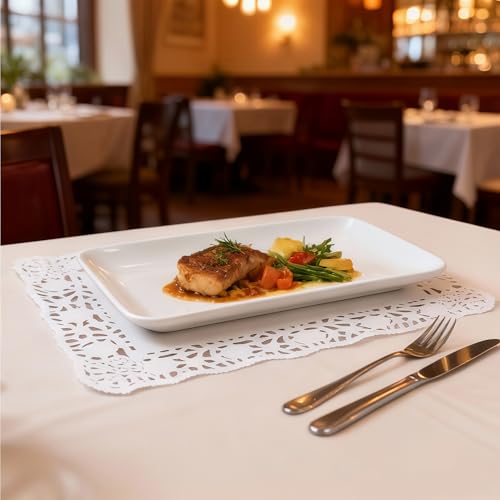 LJY 100 Pieces White Lace Rectangle Paper Doilies Cake Packaging Pads Wedding Tableware Decoration (12 x 16 inch)