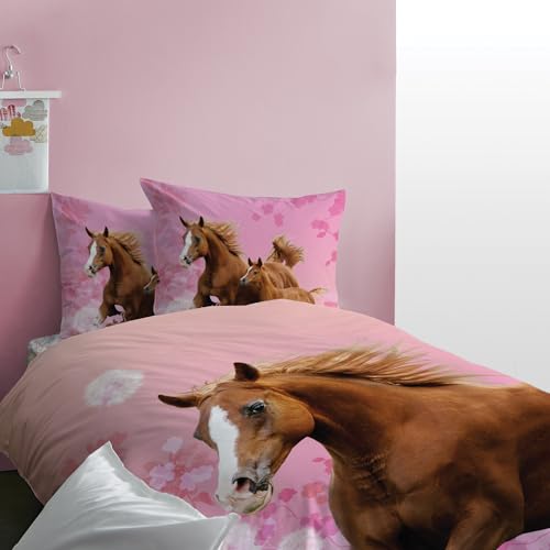 Matt&Rose Mädchen Bettwäsche 135x200 80x80 cm 100% Baumwolle Pferd rosa mit Blumen