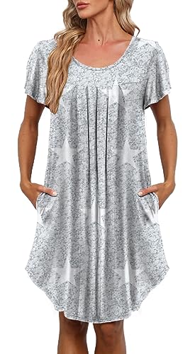 Women's Pleated Front Loose Fit Short Sleeve Nightgowns Sleep Dress with Hand Pockets (S - 5XL)2