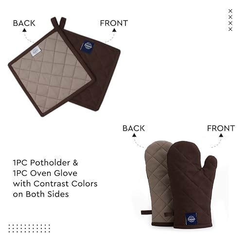 Image of Encasa XO 100% Cotton Apron Set for Women & Men with Adjustable Apron, Oven Gloves & Pot Holder (Pack of 3) Combo, Heat-Resistant, Soft & Durable for Cooking, Baking & Grilling (Dark Taupe & Beige)