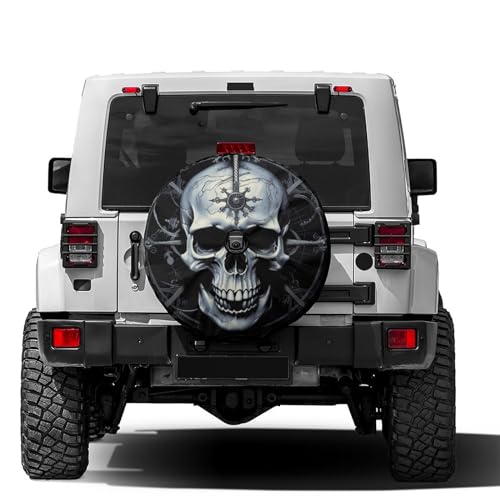Image of Delerain Spare Tire Cover with Backup Camera Hole Skull and Compass Wheel Covers Waterproof Dust-Proof UV Sun Universal Fit for RV Trailer RV SUV Truck (18 Inch for Diameter 32 inch-34 inch)