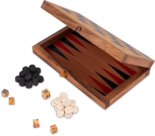 Backgammon + Dame Gr. M - aus Holz mit klappbarem Spielbrett 31 x 25 cm und rot/schwarzen Backgammon-Feldern