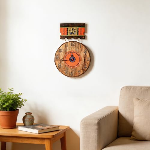 Image of AAKRITI ART CREATIONS Handcrafted Hanging Wall Clock Multicolor | Clock for Home, Home Decoration | Dhokra Art Wall Hanging Wall Clock, Lightweight Wooden wall Decor | Matte Finish
