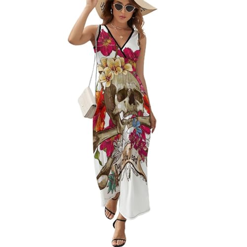 Robe longue sans manches col V fluide à motif crâne de rose pour l'été