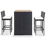 Yolola Bartisch Mit Barhocker Set 5-TLG Garten Barset mit Kissen Polyrattan Bartisch Set Poly Rattan Theke Bar Gartenmöbelset Gartenbar Sitzgruppe Poly Rattan und Akazienholz Schwarz