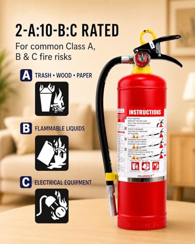 Image of Ougist ABC Dry Chemical Fire Extinguisher, 5 lb - 2-A:10-B:C Rated for Home, Office & Vehicle, Quick Release, Easy-Grip Handle, Ideal for Electrical & Grease Fires, Car Extinguisher, Model FF2KG