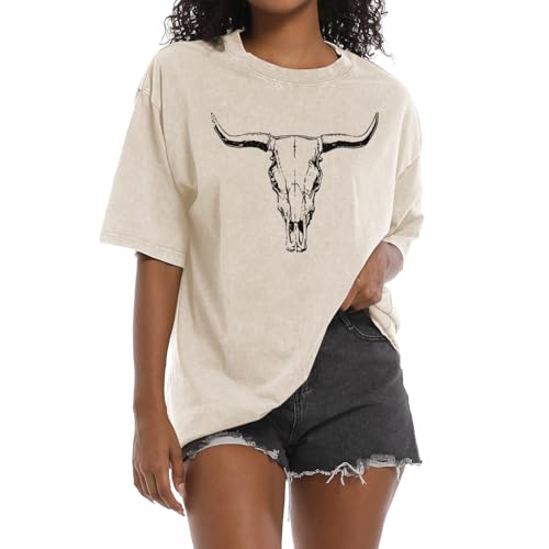 Wrenpies Western Cow Skull Shirts for Women Oversized Cowgirl Country Concert Vintage Graphic Tees Cowboy Rodeo T Shirt Tops (Apricot,M) by Wrenpies - Used condition - US$14.93
