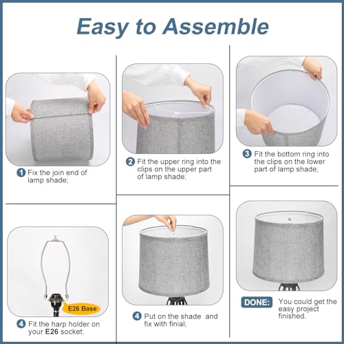 Image of Drum Lampshades Set of 2, 11.6 inch Top x 12.6 inch Bottom x 9.8 inch High Lamp Shades for Table Lamps, Bedside Lamps, Floor Lamps, Gray Fabric Lampshade, Easy Assembly Lamp shade Replacement, Spider Fitter
