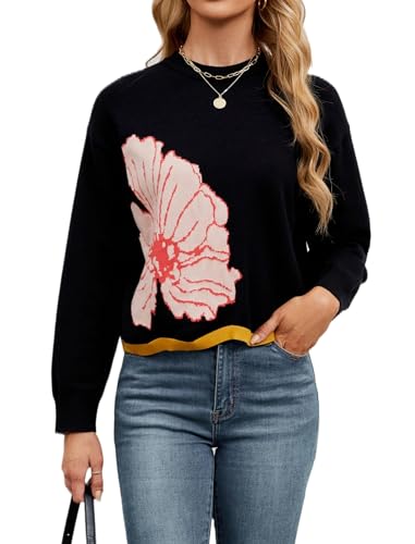 Women's Floral Printed Crewneck Sweater Cropped Long Sleeve Ribbed Knit Pullover Jumper Tops