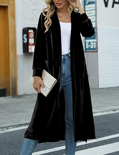 Women's Long Velvet Cardigan Jacket Casual Open Front Velour Lapel Cardigan Maxi Blazer Duster Outwear Sweater4