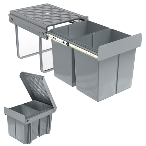 VA-Cerulean Cubo de basura empotrable con 2 compartimentos, 2 x 15 litros, cubo de basura extensible con rieles telescópicos, sistema de separación de basura extraíble, gris, 48 x 34,2 x 35,1 cm