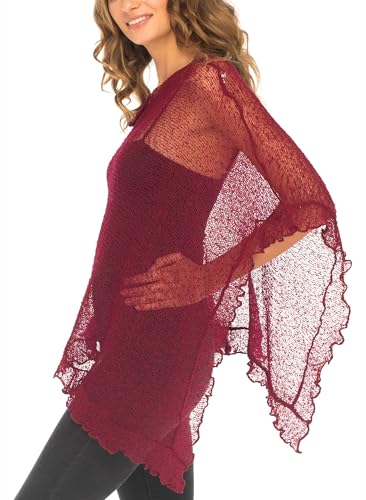 Image of SHU-SHI Women's Sheer Knit Poncho Shrug Lightweight Asymmetrical Ruffle Wrap Dressy Summer Shawl Cover Up Top