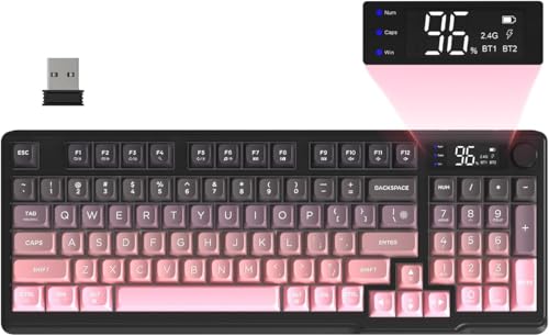 Image of FREEWOLF M96 Wireless Gaming Keyboard Creamy Membrane with Rainbow Backlight,Media Knob,LCD Screen,Dual Mode-Bluetooth /2.4Ghz,Ball Shape PBT Keycap 94 Key ANSI Layout for Win Mac PC Gamer(BlackBerry)