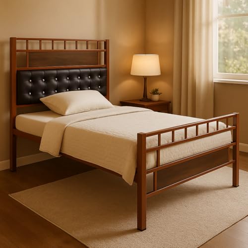 Image of Orvo Metal Single Size Bed Without Storage | Wrought Iron Single Bed with Headboard & Footboard| Sturdy Powder Coated Platform Cot for Bedroom, Living Room, (Orvo Brown)