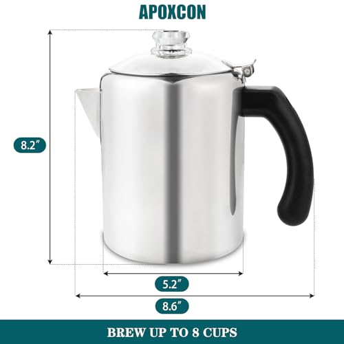 APOXCON 8-Tassen-Edelstahl-Kaffeemaschine für Camping und Outdoor-Reisen, Perkolator-Kaffeekanne mit hitzebeständigem Borosilikatglas-Knauf & stilvollen Griffen für jede Herdplatte