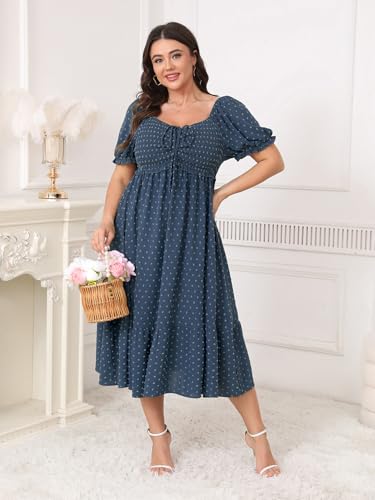 SCOMCHIC Women Plus Size Summer Dress Puff Short Sleeve Smocked Drawstring Ruffle Boho Swiss Dot Casual Midi Dresses2