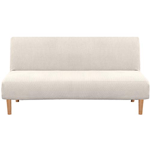 Armless Futon Cover Stretch Sofa Bed Slipcover Protector Elastic Feature Rich Textured High Spandex Small Checks Jacquard Fabric Futon Cover, Machine Washable, Ivory, One #TOP25