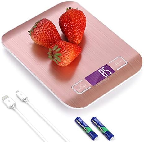 Digital Food Scale Rechargeable, 5KG Stainless Steel Kitchen Scale for Food, High Precision with 0.04oz/1g Division,450mAh Li-Battery and 2 AAA Bateries (5KG/1g- Rose Gold)